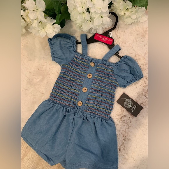 Vince Camuto Girls Denim Smocked Chambray Romper - Picture 1 of 5